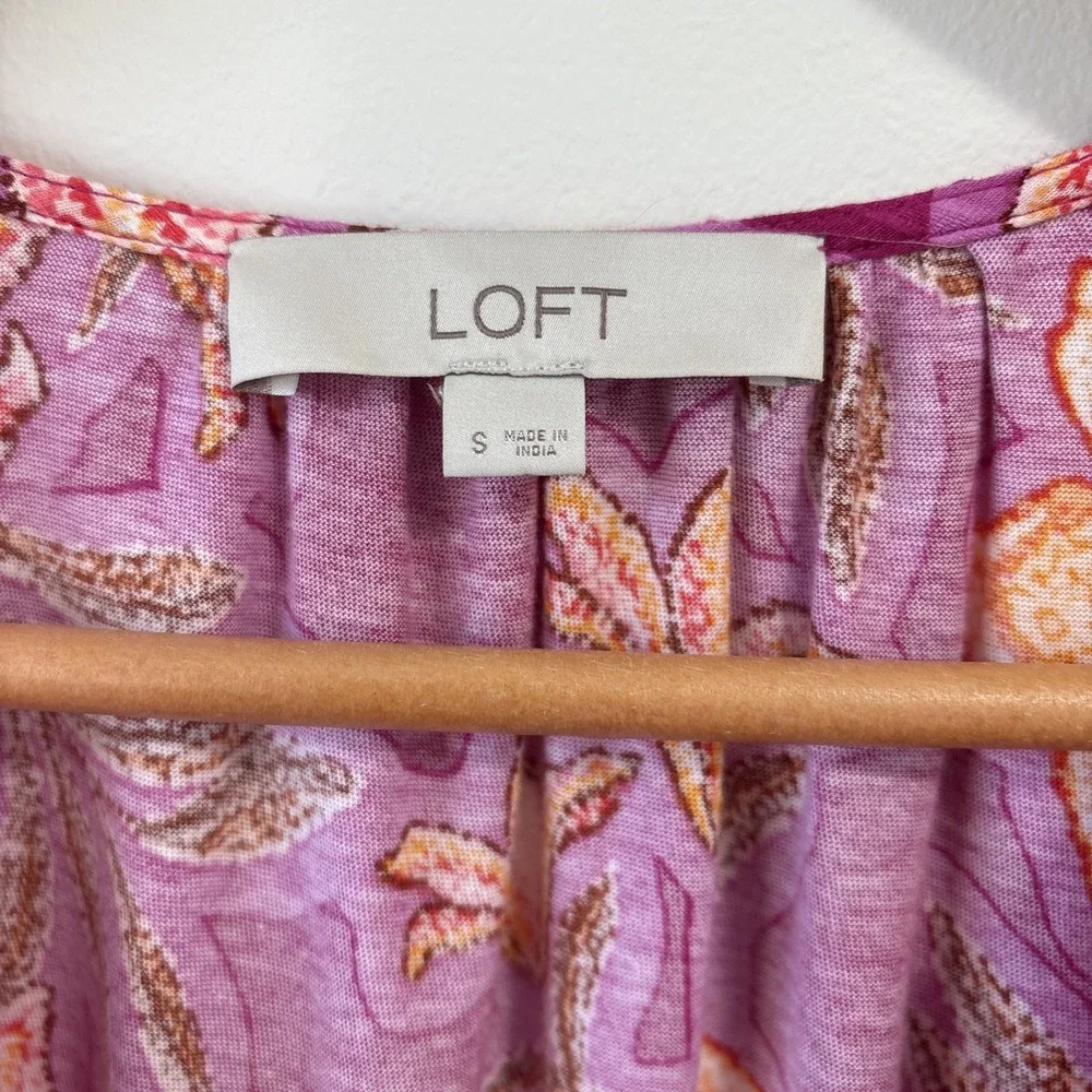 LOFT Floral Button-Front Top Womens S V-Neck Puff Sleeve Cotton